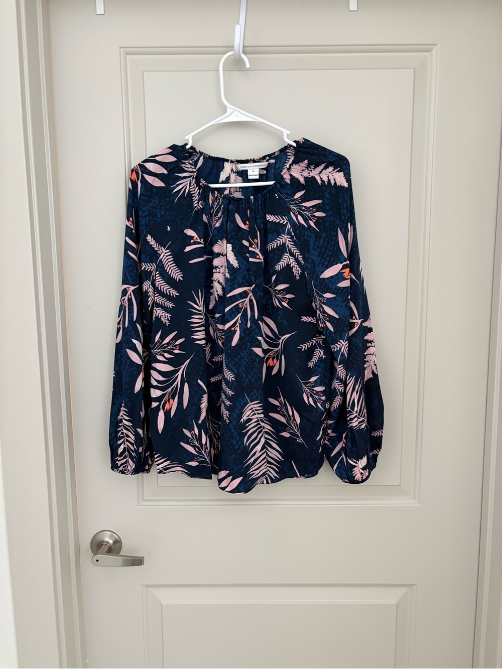 Diane Von Furstenberg Navy Blouse with Pink Leaf Print Silk Size M